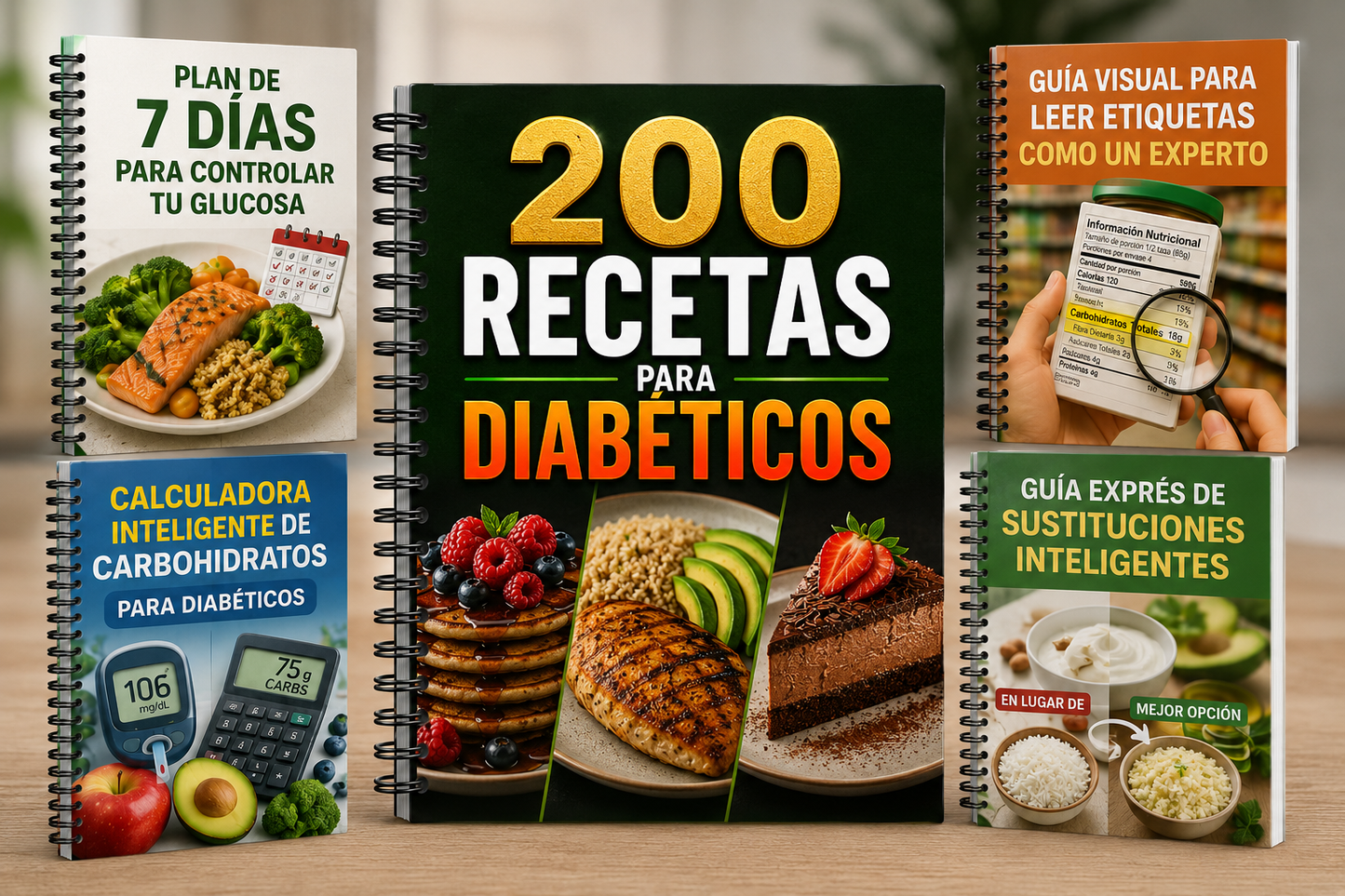 200 Recetas para Diabéticos + Kit Completo de 4 Bonos